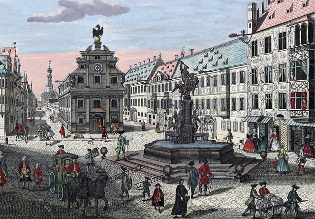 Der Weinmarkt vor 1765. Ganz rechts im Bild noch der Vorgängerbau des wenig später errichteten Schaezler-Palais. Johann Lorenz von Schaezler, nachdem das Palais heute benannt ist, gründete 1822 die Stadtsparkasse Augsburg.