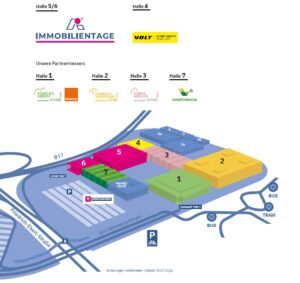Lageplan des Messezentrums Augsburg für die Immobilientage 2026. Die Hallen sind mit Zahlen nummeriert. In Halle 5 und 6 finden die Immobilientage statt.