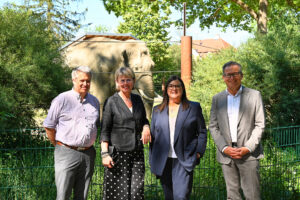 Cornelia Kollmer, Sandra Peetz-Rauch und Wolfgang Tinzmann von der Stadtsparkasse Augsburg sowie Zoodirektor Dr. Philipp Wagner stehen vor dem Elefantengehege im Zoo Augsburg und lächeln in die Kamera. Im Hintergrund ist ein Elefant zwischen Bäumen und Sträuchern zu sehen.