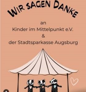 Dankesgrafik von Kinder im Mittelpunkt e. V. an die Stadtsparkasse Augsburg mit Illustration eines Pavillons und spielenden Kindern.