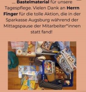 Bastelmaterialien für die Tagespflege von Kinder im Mittelpunkt e. V. als Spende der Stadtsparkasse Augsburg.