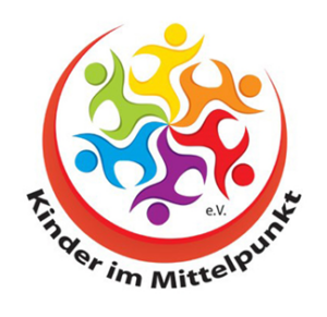 Logo des Vereins ‚Kinder im Mittelpunkt e. V.‘ mit sechs stilisierten, bunt dargestellten Personen, die kreisförmig angeordnet sind. Unter dem farbigen Symbol steht der Vereinsname.