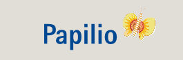 „Logo des Präventionsprogramms ‚Papilio‘. Der Schriftzug ‚Papilio‘ in blauer Schrift wird von einer orange-gelben Schmetterlingsgrafik ergänzt.