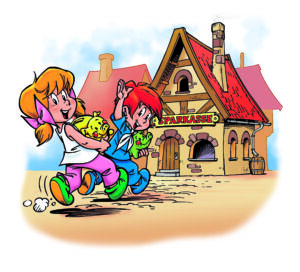 Comiczeichnung der KNAX-Figuren Didi und Dodo, die mit bunten Sparschweinen in den Armen fröhlich vor einer Sparkassenfiliale entlanglaufen.